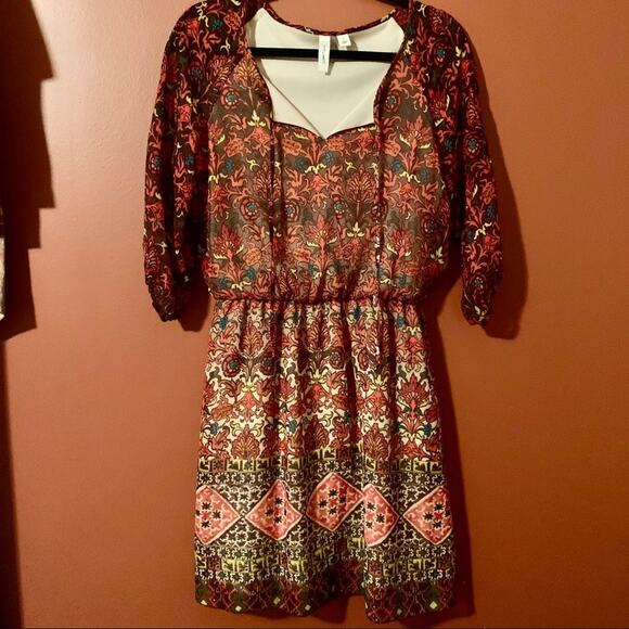 Tacera Dress- Boho Print Size small Sheer Overlay Sweetheart Neckline - Picture 1 of 5